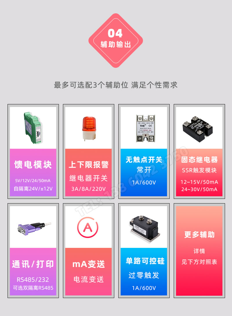 3個輔助輸出位，報警開關量、RS485/232通訊、饋電、電流變送