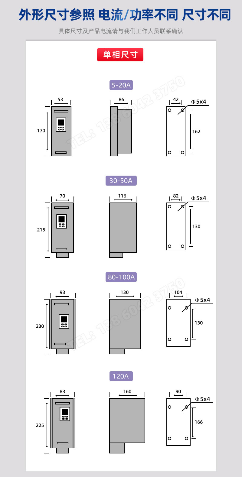 BOTA電力調整器單相、兩相電産品尺寸參照