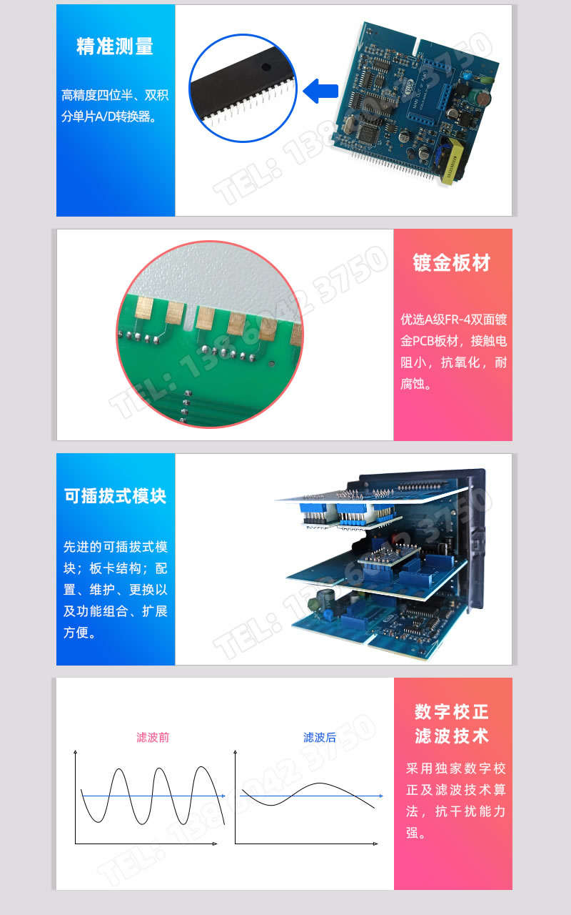 精準測量、鍍金闆材、可插拔式模塊、數字校正濾波技術