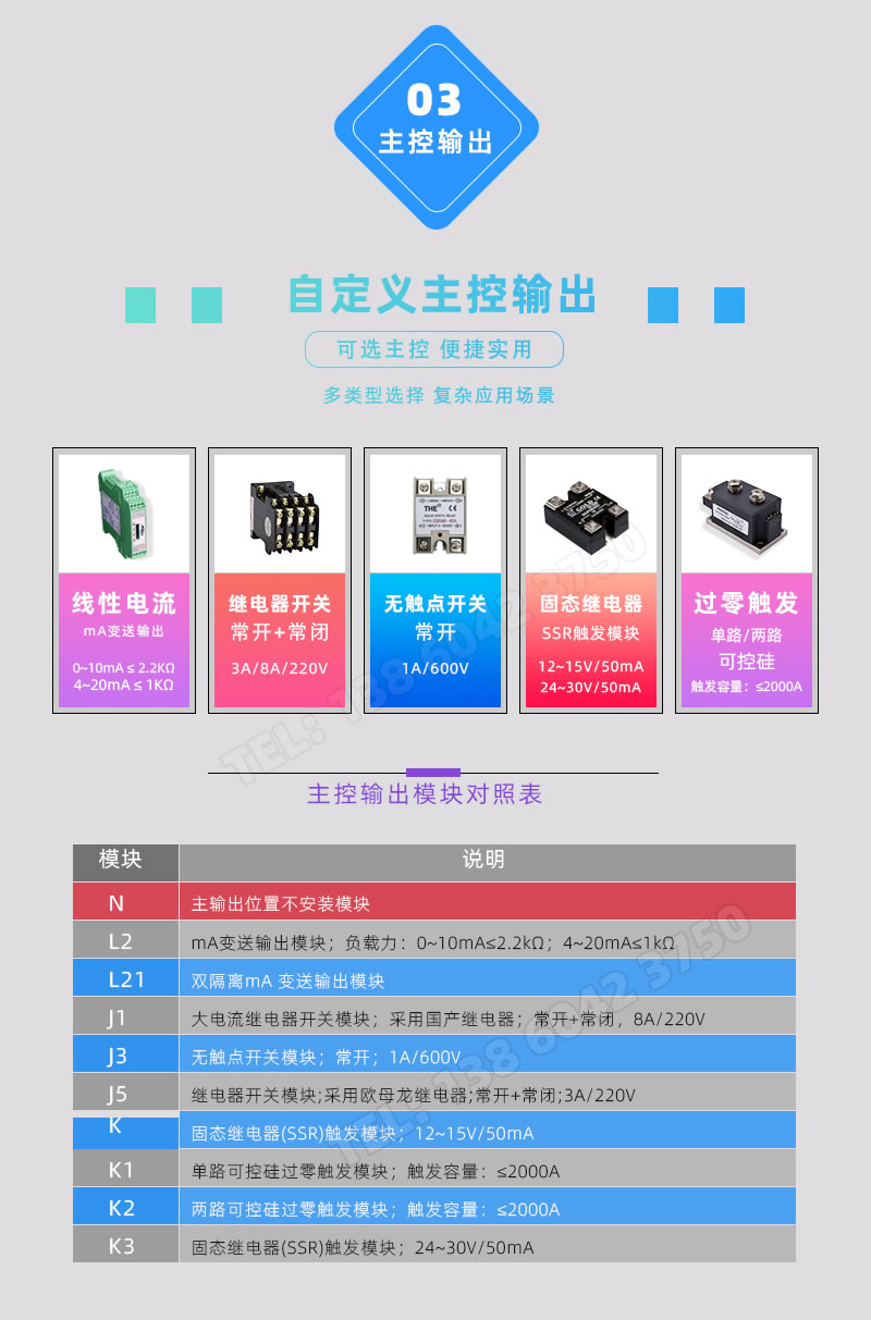 主控輸出支持交流接觸器、SSR固态繼電器、SCR可控矽過零觸發